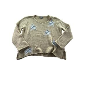 Wooden Ships Star Sweater Womens Size S/M Tan Mohair Wool Blend Pullover V-Neck